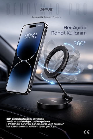 JOPUS 360° Dönebilen Magsafe Uyumlu Araç İçi Telefon Tutucu Katlanabilir Ayarlanabilir Araba Cam Masa Üstü