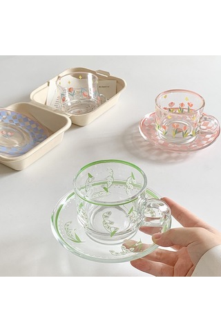 Kosona Yeşil Zambak Desenli 301-400ml Cam Bardak: Fransız Stili下午茶, Kafe Ve Çay İçin, Kaliteli Materyal, Moda Tasarım