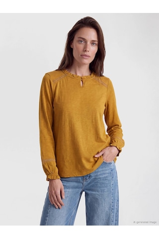 LC Waikiki Lcw Grace Sarı Fırfırlı Bisiklet Yaka Nakışlı Bluz Dark Yellow