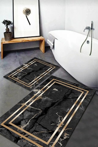 Banyo Paspas Takımı 2'li Set Kaymaz Tabanlı Yıkanabilir Bb-114 Siyah - Gri