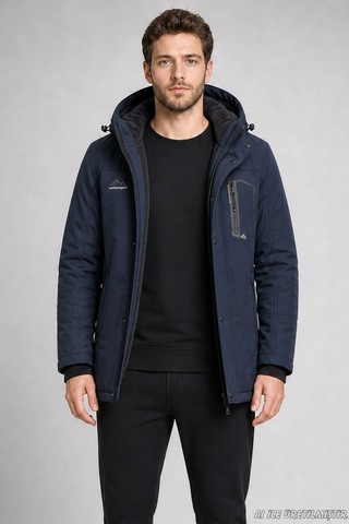 Freemen Erkek Kapüşonlu İçi Kürklü Su Ve Rüzgar Geçirmez Outdoor Softshell Mont-414 Lacivert