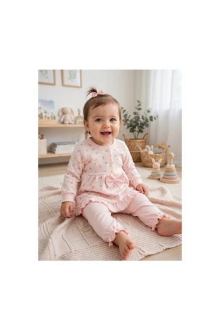 Üç Gül Ticaret Kız Bebek Fiyonklu Çiçek Desenli 2 Li Takım Pembe