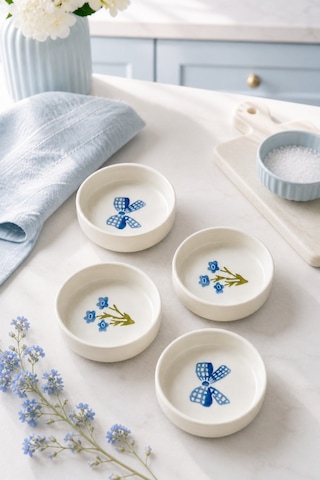 Blue Gift 4 Lü Seramik Kase Seti 10 Cm Çiçek Desenli Çerezlik Ve Sosluk Beyaz