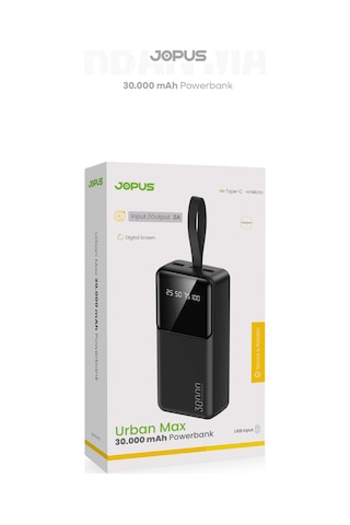 Jopus 30000mah Powerbank Lcd Ekranlı Taşıma Askılı Güçlü Taşınabilir Şarj Cihazı Siyah