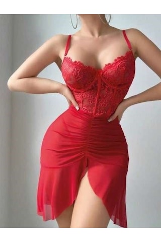 Findit Özel Tasarım Fırfırlı Dantel İşlemeli Tül Fantezı Kırmızı Gecelik