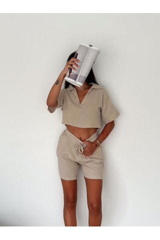 Hgfashion Crop Gömlek Şort Takım Bej Renk Bej