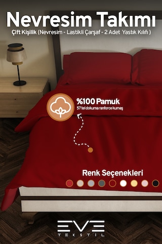Eve Tekstil %100 Pamuk Ranforce Çarşaflı Yastık Ve Yorgan Kılıflı Çift Kişilik Nevresim Takımı 200x220 Cm Bordo