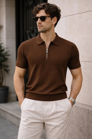 Erkek Fermuarlı Polo Yaka Triko Tişört Slim Fit Dokulu Yazlık Şık Casual Kahverengi