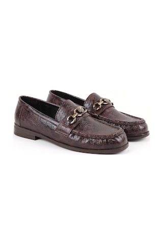 Libero L085.k012 Kroko Desenli Gül Tasarımlı Metal Tokalı Tpu Taban Kadın Loafer Ayakkabı Kahve