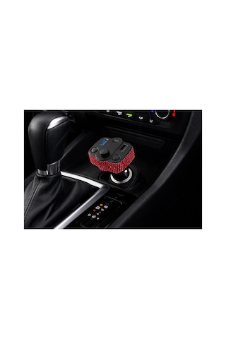 Araç İçi Kırmızı Kristal Taşlı Fm Transmitter Bluetooth Usb Type-c Oto Çakmaklık