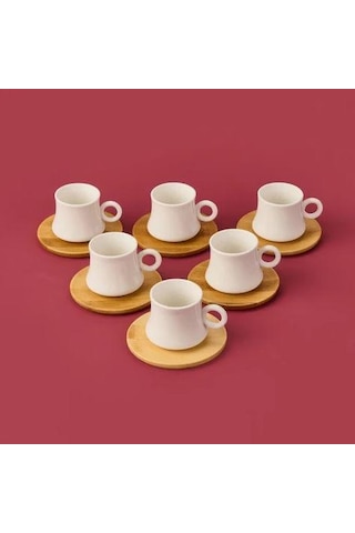 Mien-23405 Bambu Tabaklı 6lı Kahve Fincan Takımı Ahşap - Beyaz