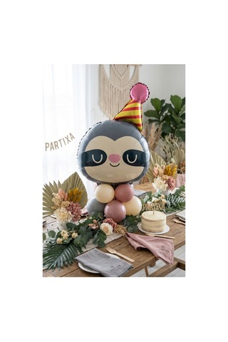 Şapkalı Safari Tembel Hayvan Kafa Folyo Balon 71x48 Cm Safari Temalı Çocuk Doğum Günü Parti Süsü Çok Renkli