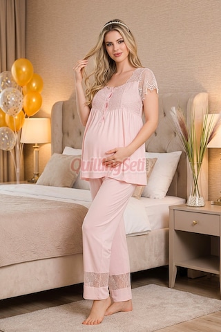 Quilling Lady Pembe Renkli, Derin Patlı, Dantel Detaylı 33002 Sabahlıklı 3lü Lohusa Hamile Pijama Takımı Açık Pembe M - L