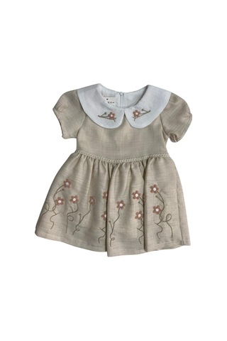 Kız Çocuk Şapkalı Çiçek İşlemeli Keten Elbise 001