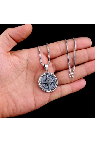 925 Ayar Gümüş Yön Pusulası Model Zirkon Taşlı Kolye