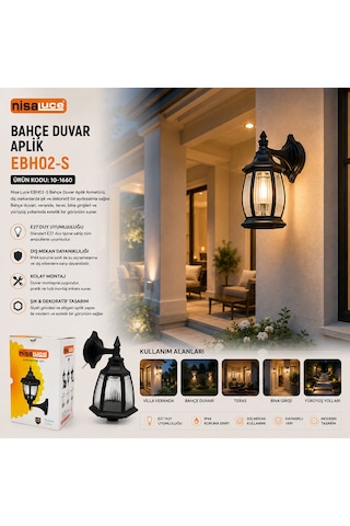 E27 - Ip44 Siyah 60w Duvar Aplik Bahçe-balkon Sokak Lambası - Armatür Ebh02-s 5332 Abanoz