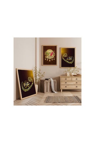 Ahşap Çerçeveli Sarı Renk Modern Üçlü Ahşap Tablo Seti