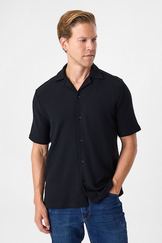 Backandbond Küba Yaka Relaxed Fit Küba Yaka Örme Gömlek Siyah