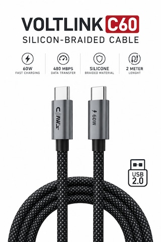 Voltlınk C60 Usb-c To Usb-c 60w Hızlı Şarj Ve 480 Mbps Veri Aktarım Silikon Örgülü Kablo 2 Metre Siyah