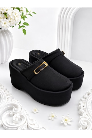 Dabab Shoes Nara Kadın Siyah Sıcak Kürklü Gold Tokalı Kapalı Burun Dolgu Topuklu Platform Terlik