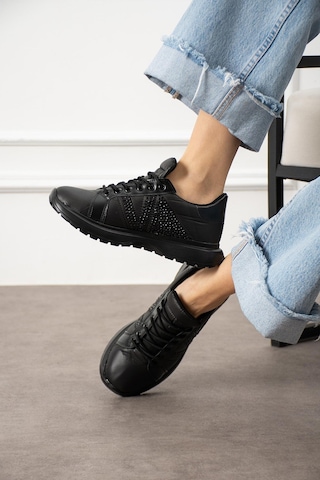 Shoetek Beatriz Kadın Sneakers Yandan Taşlı Bağcıklı Spor Ayakkabı Siyah Siyah