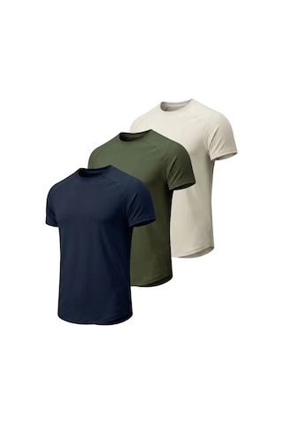 Genius Store 3'lü Paket Erkek Spor Tişört Pamuklu Esnek Günlük Kullanıma Uygun Premium Rahat Kalıpt-shirt Haki-taş-lacivert