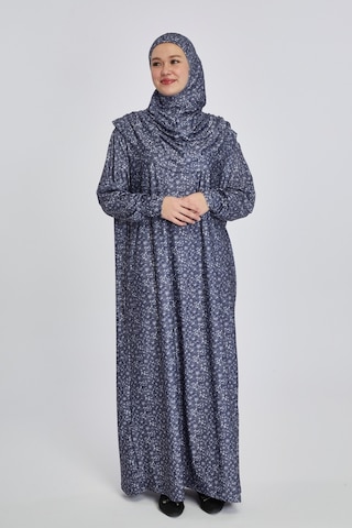Pratik Tek Parça Çiçek Desenli Namaz Elbisesi Lacivert