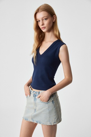 Lescosa Kadın Slim V Yaka Kolsuz Lacivert Bluz