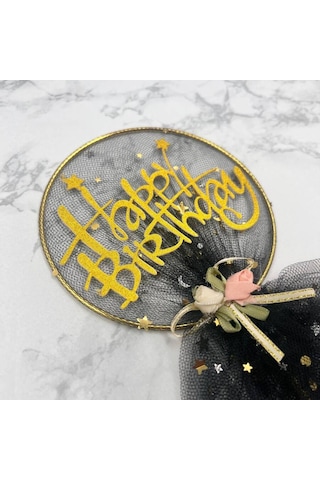 Pasta Üstü Happy Bırthday Metal Çubuklu Siyah Tüllü Süs 21 Cm