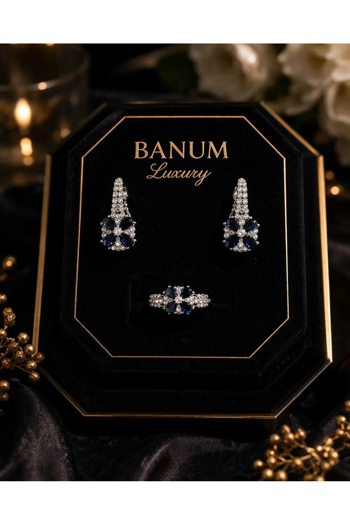 Banum Luxury Zarif Modern 2lı Set Küpe&yüzük Açık Gri