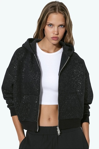 Hiccup Işıltılı Kapüşonlu Fermuarlı Sweatshirt Siyah