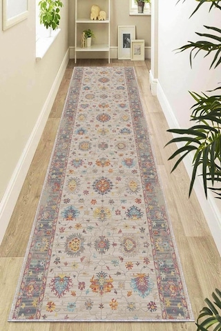 Kaymaz Taban Makinede Yıkanabilir Vintage Kesme Yolluk Ar663, Bej, 80 X 300 Çok Renkli