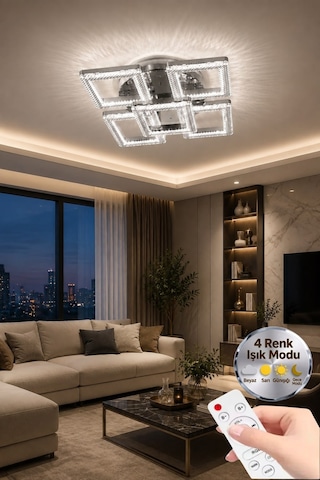 LumiaLighting Yakamoz Model 5"li Kumandalı Gümüş 3 Renk Modu Ledli Modern Tavana Sıfır Salon Mutfak Çocuk Yatak Odası Led Avize