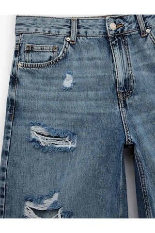 Koton Yıpratma Detaylı Düğmeli Cepli Pamuklu Denim Bermuda Jort Şort Açık İndigo 6sal40208md