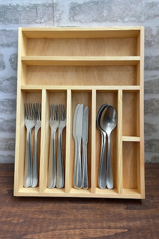 30x40 Cm Çok Bölmeli Ahşap Kaşıklık Ve Kepçelik Seti - Çekmece Düzenleyici- Ahşap Organizer