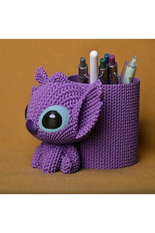 3d Baskı Knitted Kalemlik - Sevimli Karakterli Masaüstü Kalem Organizeri-mor Çok Renkli