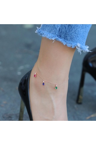 Renkli Zirkon Taşlı Damla Modeli Rose Gold Kaplama Gümüş Halhal Gümüş