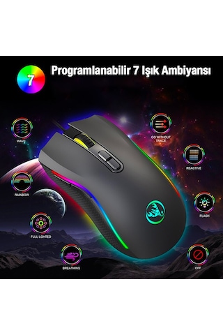 HXSJ A869 7200DPI Ayarlanabilir RGB Işık Gaming Oyuncu Mouse