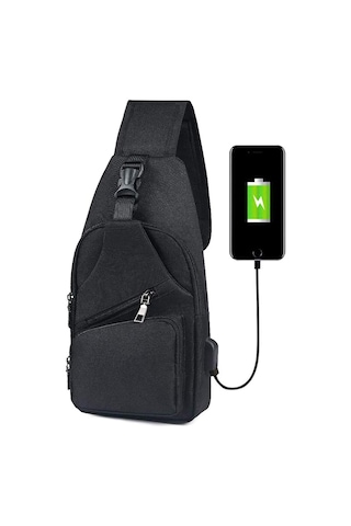 Erkek Omuz Çantası, Usb Şarj Portu Ve Kulaklık Portu Olan Siyah Göğüs Çantası, Unisex Seyahat Sırt Çantası Qd