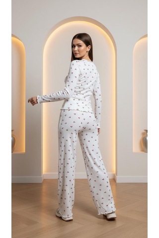 Divinus Kiraz Desenli Kaşkorse Pijama Takım Beyaz