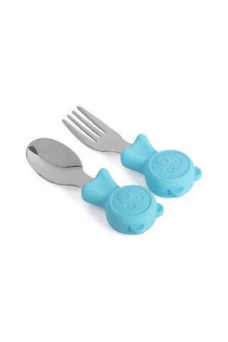 Jojobebek Kaşık Çatal Seti, Ergonomik Kısa Saplı Silikon, Paslanmaz Çelik Uçlu, Saklama Kutulu, (9-24 Ay) (MAVİ)