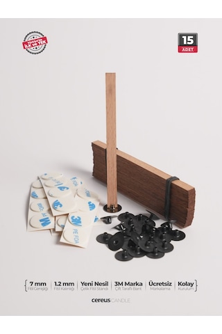 Ahşap Mum Fitili 7 Mm Genişlik Nikel Kaplama Çelik Taban + 3m Köpük Bant, 15 Li Set Cereus Ahşap