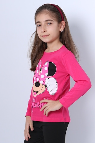 Hçm Kız Çocuk Uzun Kollu Tshirt 4 Mevsim Baskılı Bisiklet Yaka C43 Fuşya