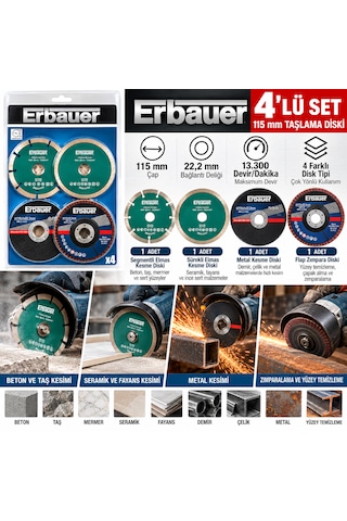 115 Mm Taşlama Diski Seti 4 Parça Elmas Kesme, Metal Kesme Ve Flap Zımpara Diskleri 22,2 Mm