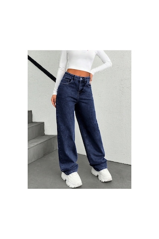 Kene Jeans Kemer Derili Tek Cep Nakışlı Lacivert Boru Paça Lacivert