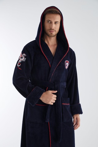 Dragon Nakış Triga Bukle Bambu Cotton Erkek Bornoz Lacivert