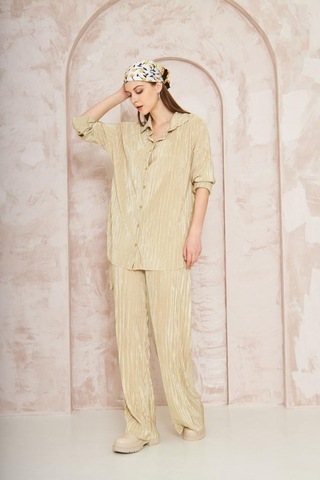 Kadın Pliseli Beli Lastikli Pantolon Tunik Gömlek Ikili Bürümcük Salaş Takım 3573300 Sarı