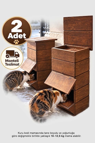 Reyo 2 Adet Ahşap Ceviz Cilalı Mama İstasyonu, Yağmura Ve Rüzgara Dayanıklı Uzun Ömürlü Sokak Kedileri İçin Mama Kabı 50x25x25 Cm Mldcat Monteli Teslimat