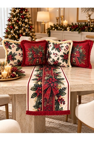 Missidea Christmas Berry 4'lü Kırlent Ve Runner Dekorasyon Seti Kırmızı