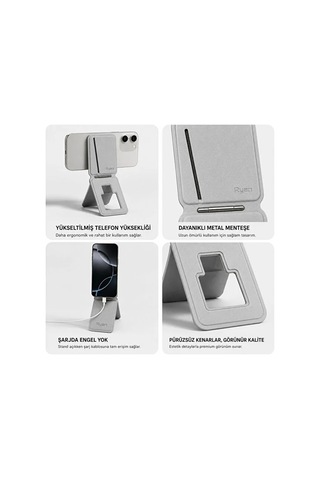 Magsafe Cüzdan Kartlık Güçlü Manyetik 360 Döner Standlı Telefon Kartlığı İphone Uyumlu Deri Cüzdan Gri-14911